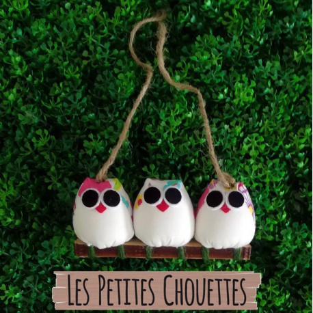 3 chouettes tissu fleur sur une branche et personnalisable