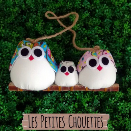 Famille 3 chouettes tissu Hibou