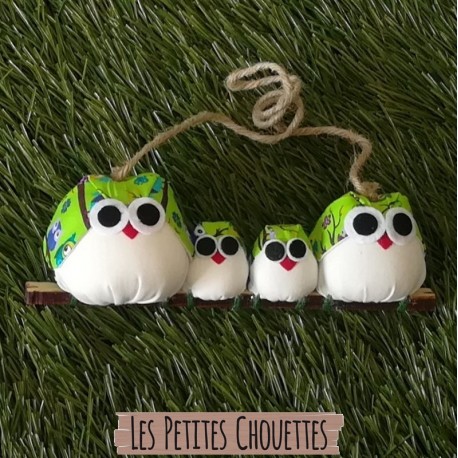 Famille 4 Chouettes tissu hibou vert pomme